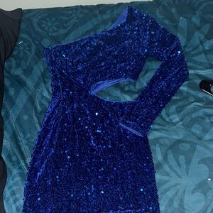 SHEIN Blue Sequin Cut Out One Shoulder Dress